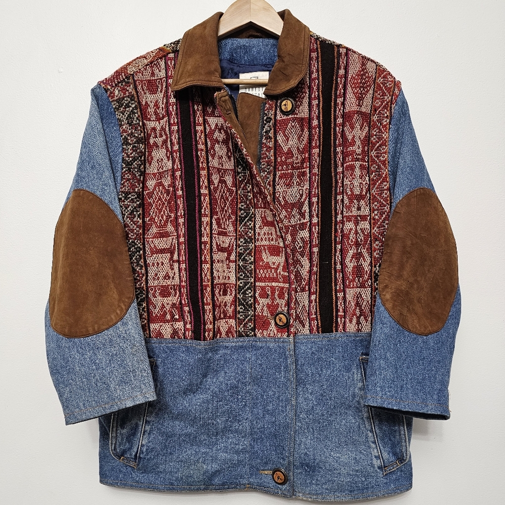 Coolest Vintage Robert Comstock Southwestern Wool Print Denim Leather  Barn Coat